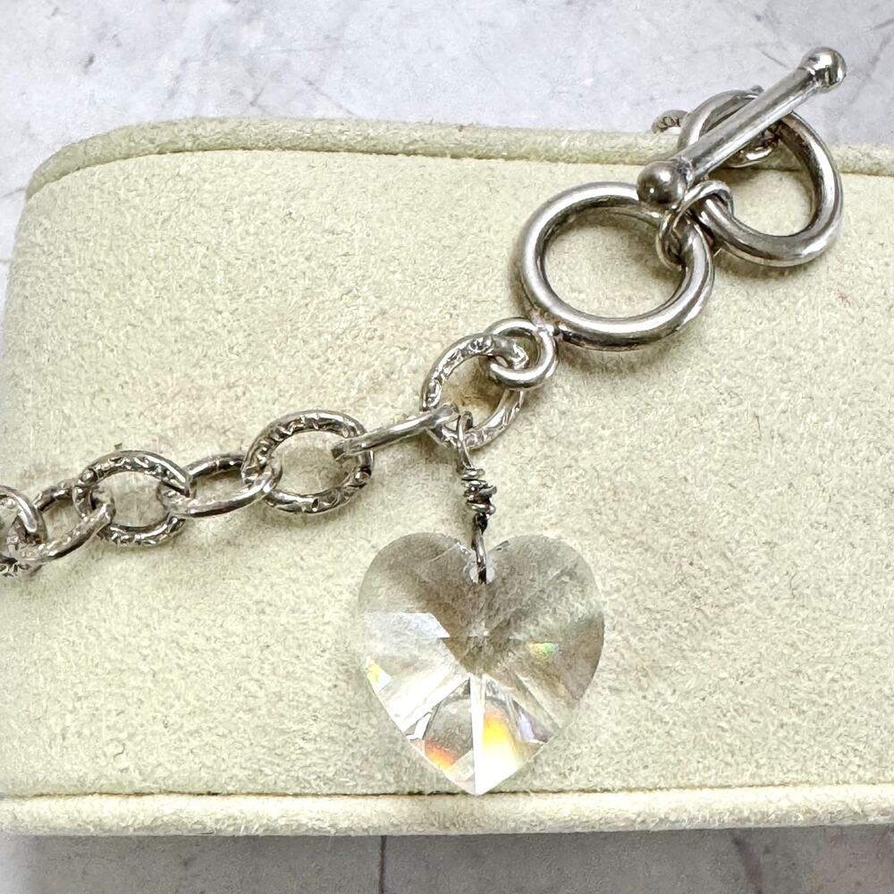 Vintage Sterling Silver Bracelet Faceted Crystal Heart Charm 925 Oval Chain